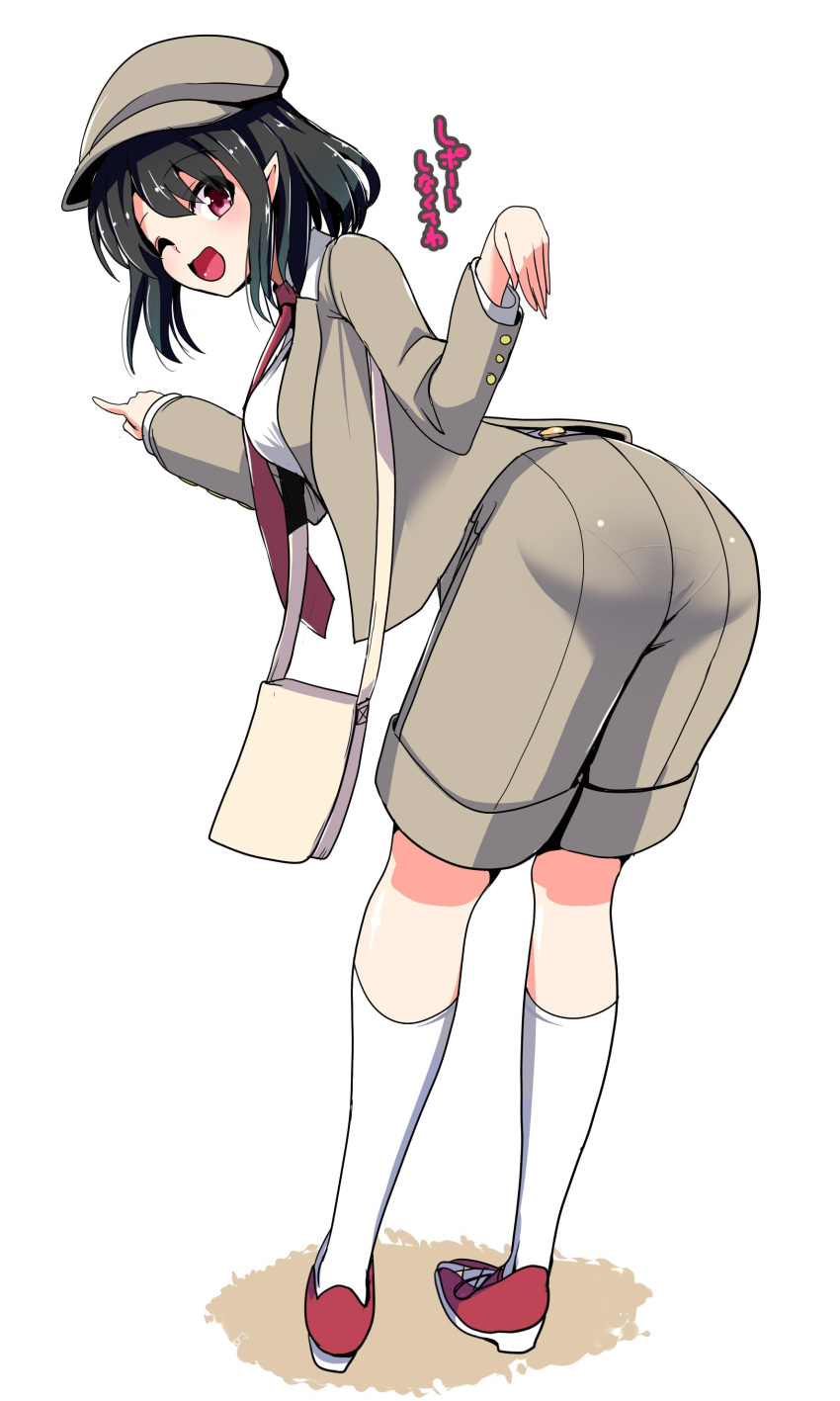 1girl absurdres amisu ass bag black_hair cabbie_hat commentary_request contemporary flat_cap forbidden_scrollery full_body hat highres jacket kneehighs long_sleeves looking_at_viewer looking_back necktie one_eye_closed open_mouth pantylines pointy_ears red_eyes shameimaru_aya shirt shoes short_hair shorts shoulder_bag simple_background smile solo text touhou translation_request vest white_background white_legwear