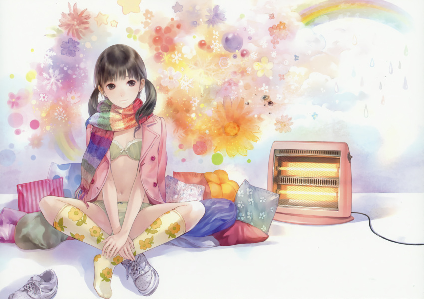 1girl absurdres black_hair bra floral_print flower heater highres indian_style kishida_mel kneehighs lingerie original panties pillow print_legwear scarf shoes single_shoe sitting solo twintails underwear