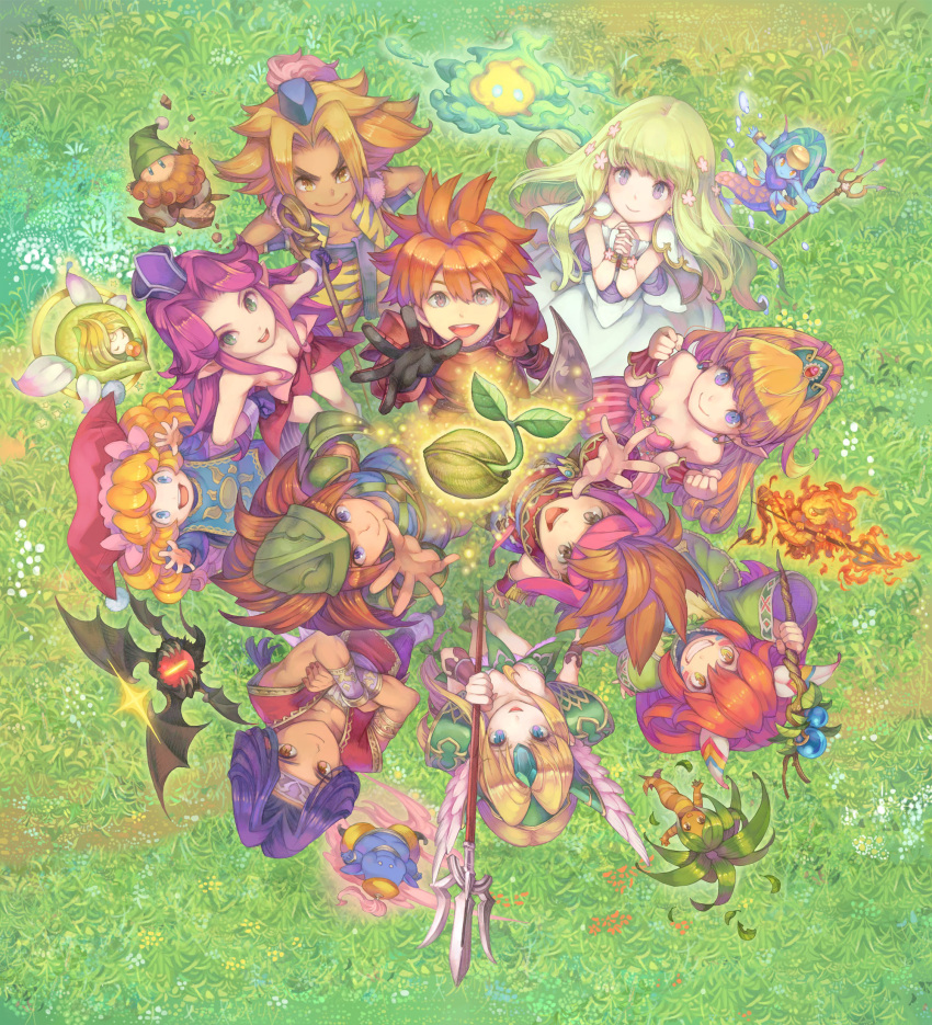 4girls 6+boys angela_(seiken_densetsu_3) armor artist_request blonde_hair blue_eyes breasts capelet charlotte_(seiken_densetsu_3) cleavage crossover downblouse dryad_(seiken_densetsu) facepaint fisheye from_above gnome_(seiken_densetsu) green_eyes grin hands_clasped headband heroine_(seiken_densetsu_1) highres jinn_(seiken_densetsu) kevin long_hair looking_up luna_(seiken_densetsu) multiple_boys multiple_crossover multiple_girls official_art orange_hair outstretched_hand pink_hair pointy_ears popoie purim randi riesz salamander_(seiken_densetsu) seed seiken_densetsu seiken_densetsu_1 seiken_densetsu_2 seiken_densetsu_3 shade_(seiken_densetsu) shield small_breasts smile spiky_hair square_enix undine_(seiken_densetsu) will-o'-wisp_(seiken_densetsu)