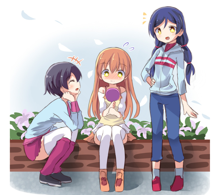 3girls ^_^ alternate_hair_length alternate_hairstyle blue_hair blush camisole camisole_over_clothes casual chin_rest closed_eyes commentary_request flower flying_sweatdrops hairstyle_switch hand_mirror hand_on_hip holding_mirror hood hoodie hoshizora_rin jacket lily_(flower) lily_white_(love_live!) long_hair long_sleeves looking_at_mirror love_live! love_live!_school_idol_project mirror multiple_girls nose_blush off_shoulder orange_hair pants purple_hair shikei_(jigglypuff) shirt short_hair sitting sitting_on_wall skirt smile socks_over_thighhighs sonoda_umi spaghetti_strap squatting standing thigh-highs tied_shirt toujou_nozomi twintails white_legwear yellow_eyes