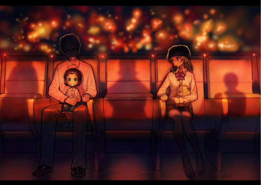 1boy 2girls age_comparison brown_eyes brown_hair bukimi_isan crying crying_with_eyes_open dark dress_shirt dual_persona father_and_daughter idolmaster idolmaster_million_live! kitazawa_shiho light_particles long_hair multiple_girls neck_ribbon red ribbon sad shadow shirt sitting sitting_on_lap sitting_on_person skirt smile stuffed_toy tears theater time_paradox younger
