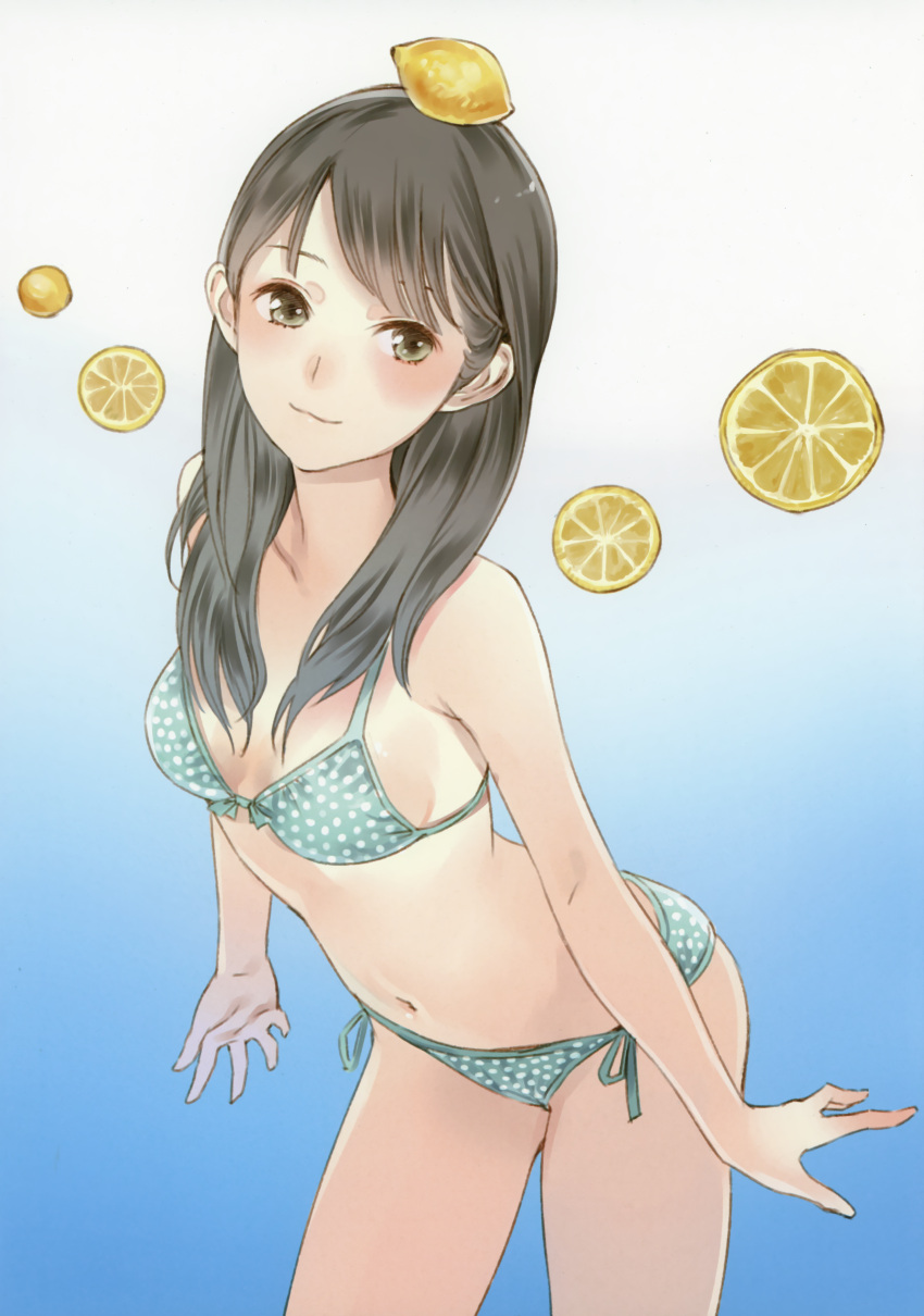 1girl :3 absurdres arched_back bare_shoulders bikini black_eyes black_hair breasts face food food_on_head front-tie_top fruit fruit_background fruit_on_head gradient gradient_background green_eyes highres kishida_mel leaning_forward lemon long_hair medium_breasts navel object_on_head original side-tie_bikini solo swimsuit