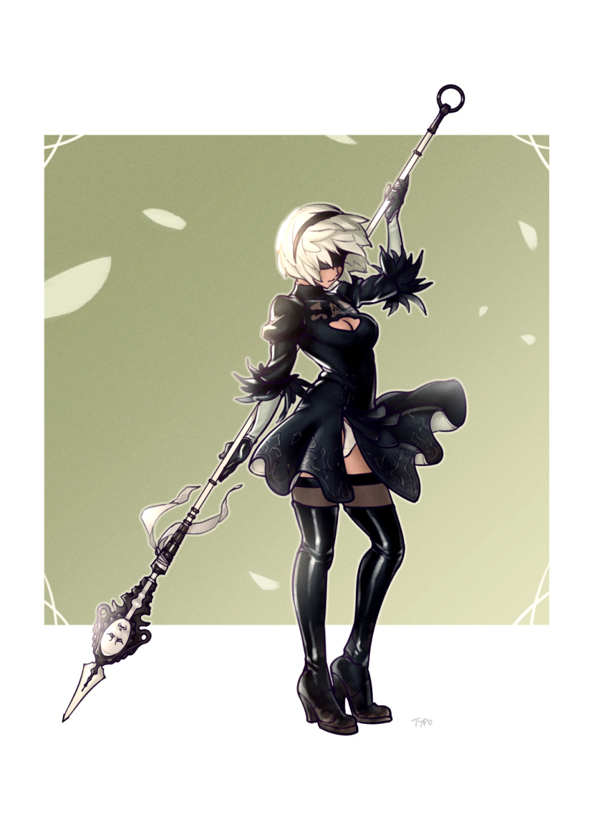 1girl black_dress blindfold boots dress feather-trimmed_sleeves full_body hairband high_heel_boots high_heels highres nier_(series) nier_automata panties pantyshot pantyshot_(standing) polearm silver_hair solo spear standing thigh-highs thigh_boots typo_(requiemdusk) underwear weapon white_panties wind wind_lift yorha_no._2_type_b