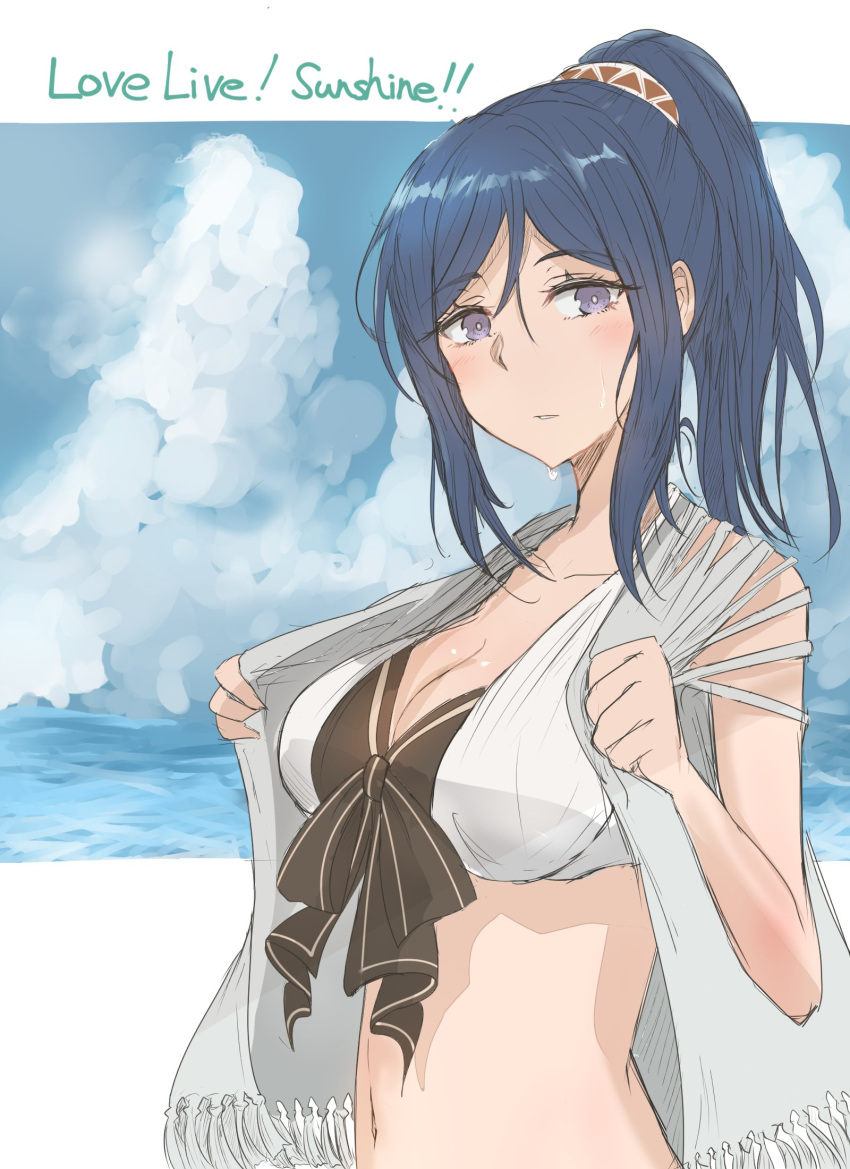 1girl bikini_top blue_hair breasts cleavage clouds cloudy_sky copyright_name day front-tie_bikini front-tie_top gin_moku highres large_breasts long_hair love_live! love_live!_sunshine!! matsuura_kanan midriff navel ocean ponytail sky solo towel towel_around_neck upper_body violet_eyes