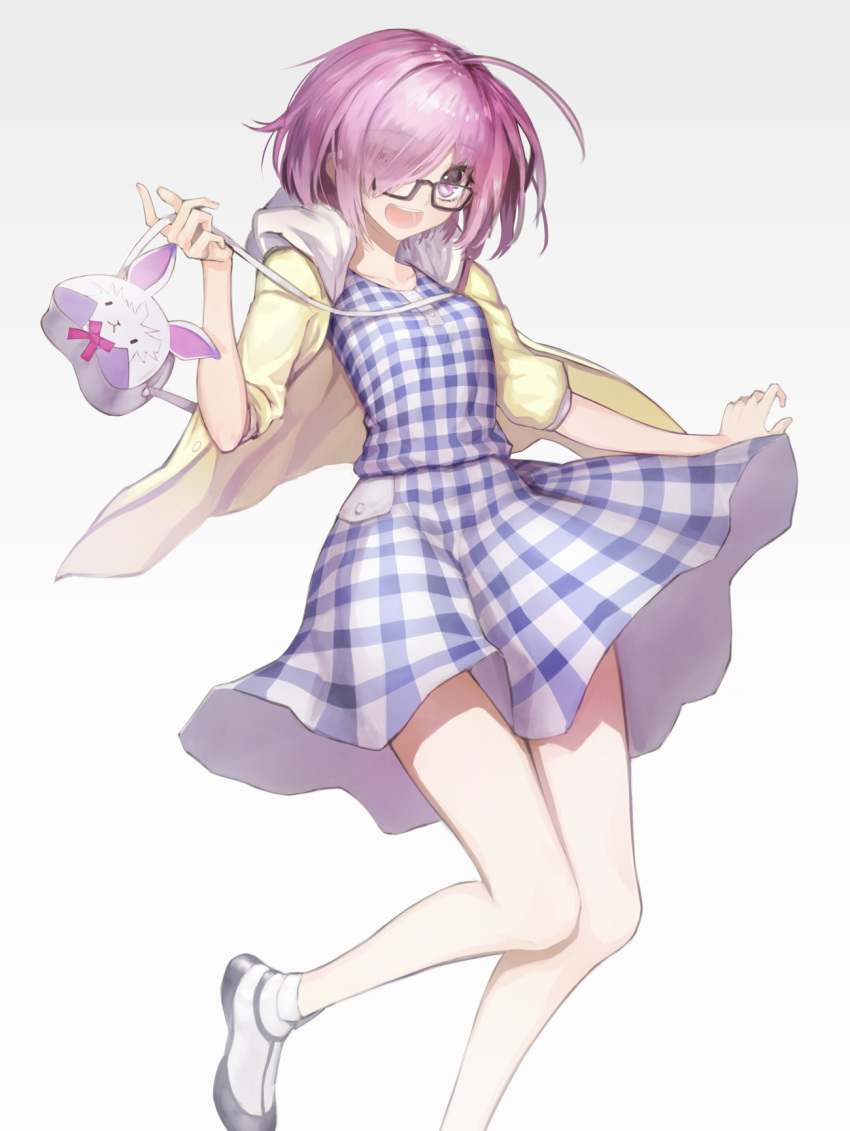 1girl alternate_costume bangs blush brown-framed_eyewear cardigan casual eyes_visible_through_hair fate/grand_order fate_(series) glasses gradient gradient_background hair_over_one_eye highres lavender_hair looking_at_viewer mins_(minevi) open_cardigan open_clothes open_mouth purple_hair semi-rimless_glasses shielder_(fate/grand_order) shoes short_hair sitting sleeves_past_elbows smile socks solo thighs under-rim_glasses violet_eyes white_background