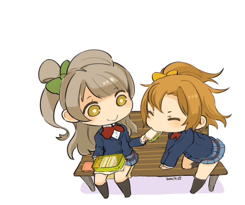 2014 2girls arm_support bench blazer bright_pupils brown_hair chibi closed_eyes dated eating feeding food jacket kousaka_honoka long_hair long_sleeves love_live! love_live!_school_idol_project minami_kotori mota multiple_girls orange_hair plaid plaid_skirt pleated_skirt sandwich school_uniform short_hair side_ponytail simple_background sitting skirt smile white_background yellow_eyes