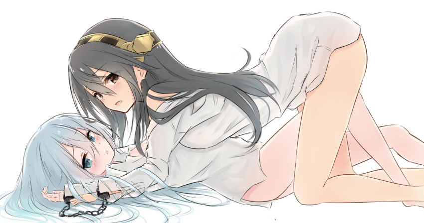 2girls age_difference azuuru_(azure0608) barefoot black_hair blush bottomless breast_press breasts chains cuffs dress_shirt girl_on_top hair_ornament hairband hairclip haruna_(kantai_collection) hibiki_(kantai_collection) highres jpeg_artifacts kantai_collection long_hair looking_at_viewer medium_breasts multiple_girls naked_shirt shirt simple_background top-down_bottom-up white_hair white_shirt wrist_grab yuri