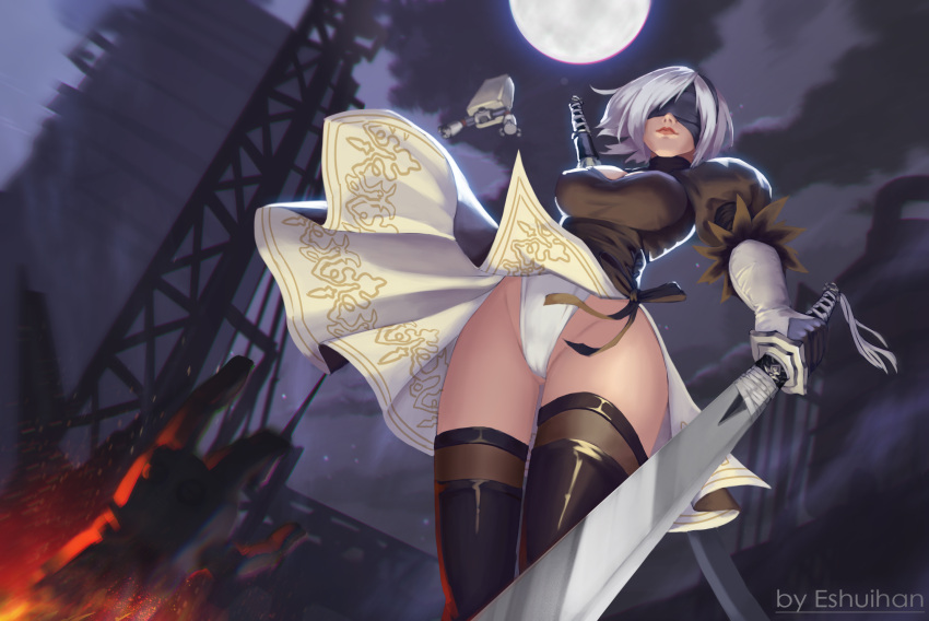 1girl arm_at_side artist_name bangs black_boots black_dress black_gloves black_hairband black_legwear black_ribbon blindfold boots breasts cleavage cleavage_cutout closed_mouth clouds cloudy_sky covered_eyes cowboy_shot crane dress drone eshuihan explosion feather-trimmed_sleeves floating full_moon gloves gluteal_fold groin hairband highleg highleg_leotard highres holding holding_sword holding_weapon juliet_sleeves katana large_breasts legs_together leotard light_smile lips long_sleeves machinery medium_breasts moon nier_(series) nier_automata night night_sky no_mole nose pink_lips pod_(nier_automata) puffy_sleeves revision ribbed_dress ribbon robot short_dress short_hair side_slit silver_hair skirt skirt_lift sky solo standing sword thigh-highs thigh_boots thigh_gap thighs upskirt vambraces weapon white_leotard wind wind_lift yorha_no._2_type_b