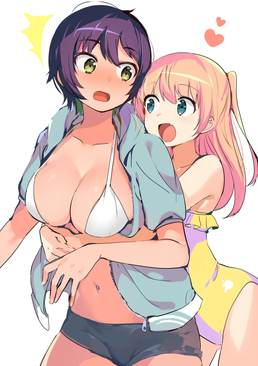 /\/\/\ 2girls :0 :d :o a_k_o absurdres aqua_eyes bare_shoulders bikini_top blonde_hair blush breasts casual_one-piece_swimsuit cleavage collarbone contrapposto couple cowboy_shot embarrassed eyebrows_visible_through_hair fang female frilled_swimsuit frills gluteal_fold green_eyes heart highres hood hooded_jacket hug hug_from_behind jacket large_breasts looking_at_another looking_back midriff multiple_girls navel neck one-piece_swimsuit one_side_up open_clothes open_jacket open_mouth pink_hair purple_hair short_hair short_shorts shorts shy simple_background smile standing swimsuit white_background white_bikini_top white_swimsuit yellow_swimsuit yuri