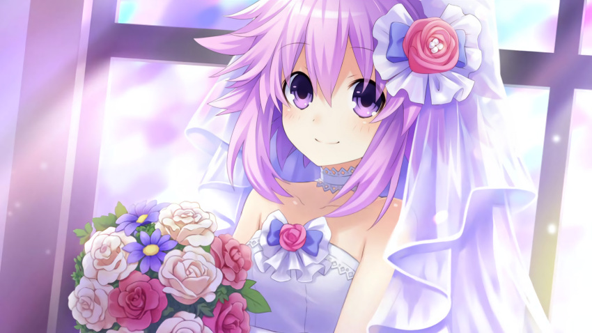 1girl absurdres bouquet bow bridal_veil choujigen_game_neptune collar dress eyebrows_visible_through_hair eyes_visible_through_hair flower frills hair_bow hair_flower hair_ornament happy highres lace light_rays looking_at_viewer neptune_(choujigen_game_neptune) neptune_(series) pink_flower pink_hair purple_bow purple_flower purple_hair short_hair smile solo tsunako veil violet_eyes wedding wedding_dress white_collar white_flower white_flowers window