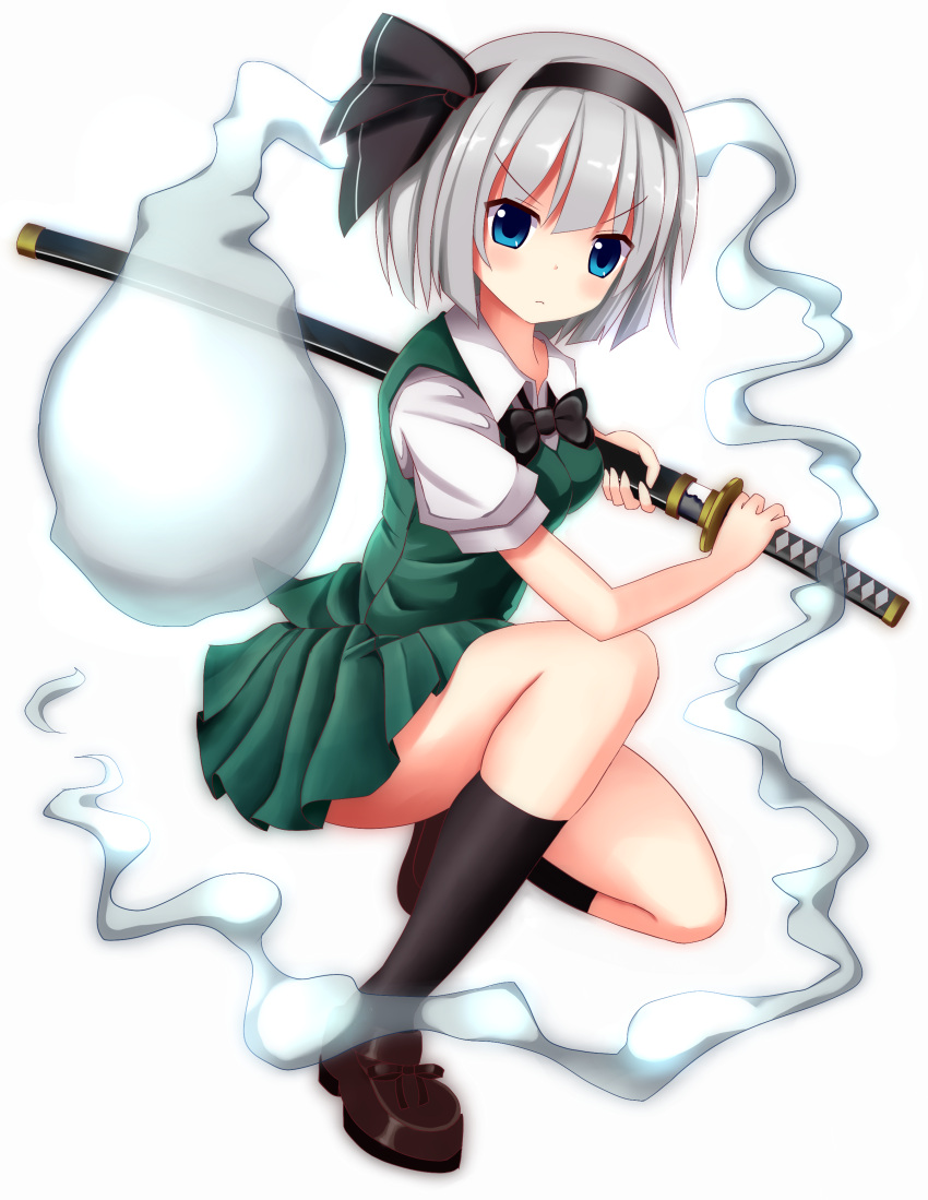 1girl absurdres akakabu_(obsidian910) black_bow blue_eyes blush bow eyebrows_visible_through_hair headband highres holding holding_weapon katana kneehighs konpaku_youmu konpaku_youmu_(ghost) looking_at_viewer silver_hair suigetsu_(watermoon-910) sword touhou weapon