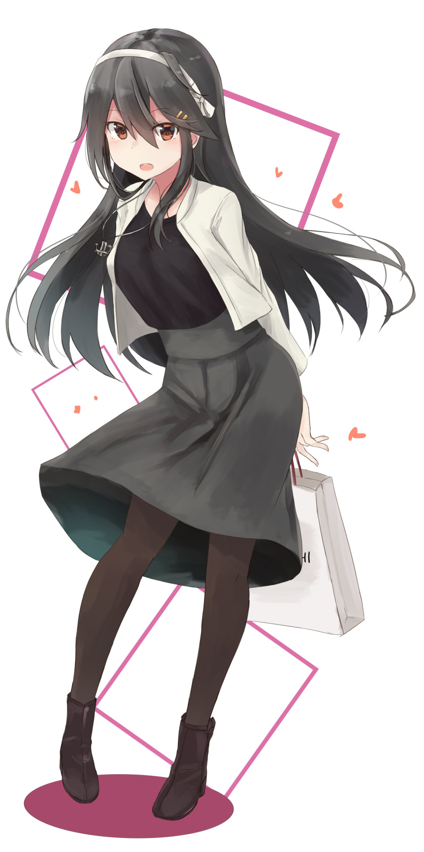 1girl absurdres anchor arms_behind_back bag bangs black_legwear boots bow brown_eyes contrapposto full_body grey_hair grey_skirt hair_between_eyes hair_bow hair_ornament hairband hairclip haruna_(kantai_collection) heart highres holding_bag jacket jewelry kantai_collection long_hair long_sleeves looking_at_viewer mitsukoshi_(department_store) necklace open_mouth pantyhose paper_bag round_teeth shopping_bag skirt solo standing teeth yuki_(yukin0128)