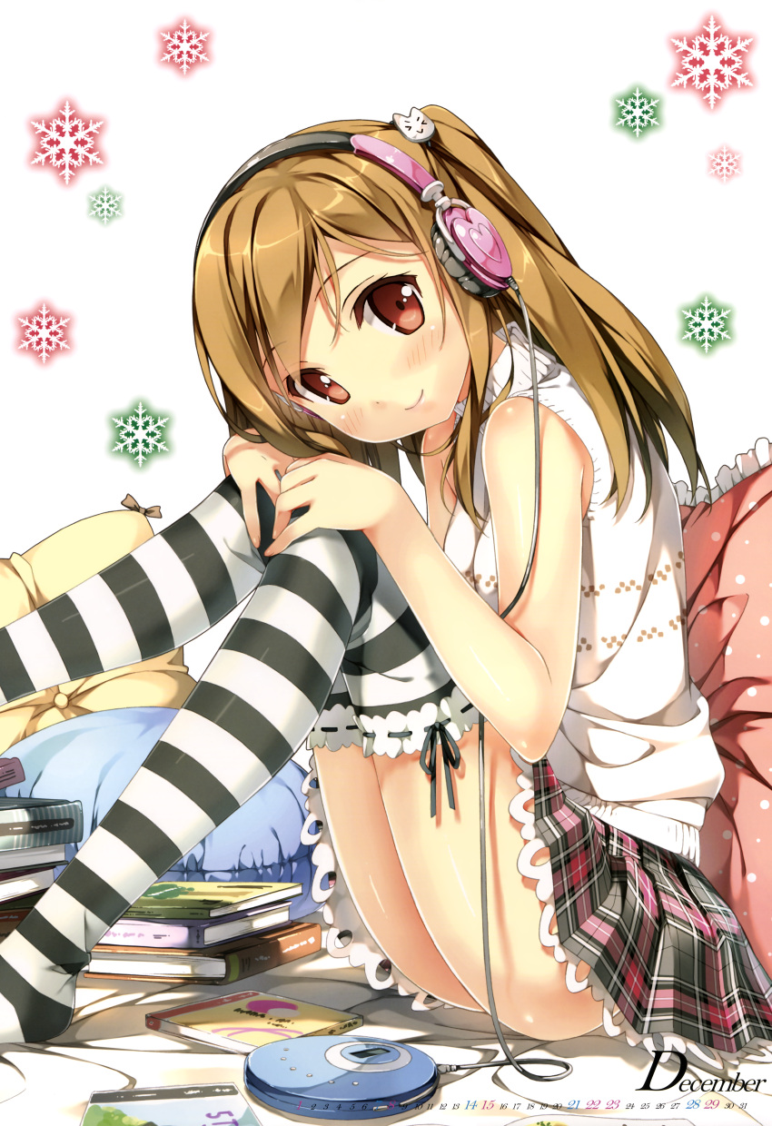 1girl absurdres book brown_hair calendar cd_player copyright_request headphones highres huge_filesize kantoku kantoku_(style) leg_hug legs pillow red_eyes shirt sitting sleeveless sleeveless_shirt slim_legs snowflakes solo striped striped_legwear thigh-highs