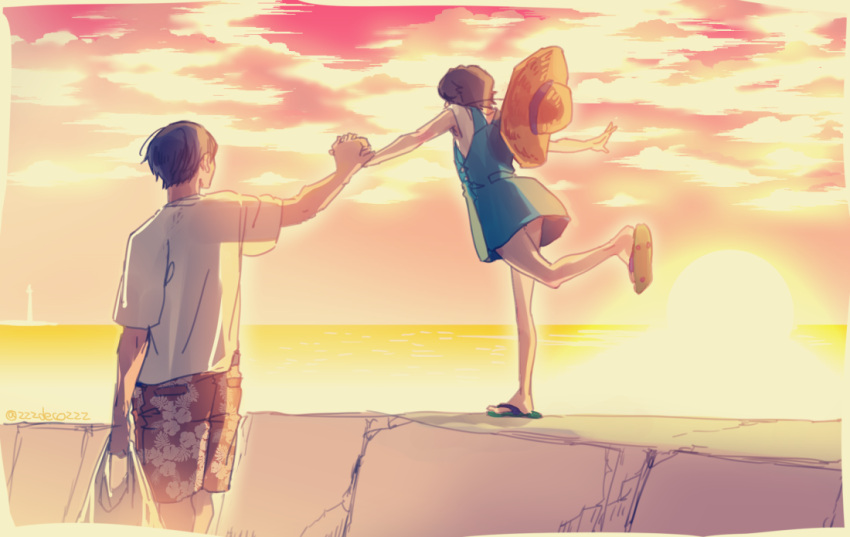 1boy 1girl admiral_(kantai_collection) bag casual chin_strap clouds deco_(geigeki_honey) dress floral_print hand_holding hat horizon kantai_collection miyuki_(kantai_collection) on_wall outdoors pink_sky print_shorts sandals shopping_bag short_sleeves shorts sky standing standing_on_one_leg straw_hat sunset