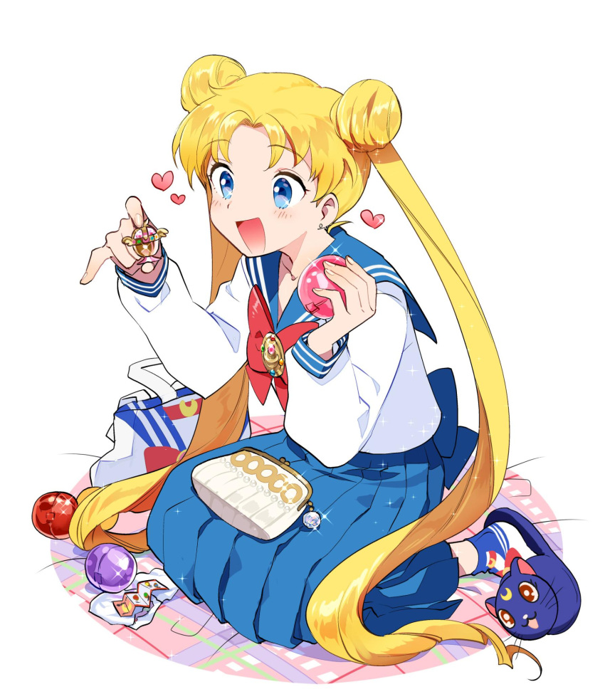 1girl :d bishoujo_senshi_sailor_moon bow coin_purse commentary_request dotaku double_bun earrings gashapon heart highres jewelry long_hair luna_(sailor_moon) open_mouth pleated_skirt red_bow school_uniform serafuku simple_background sitting skirt slippers smile solo tsukino_usagi very_long_hair wariza white_background