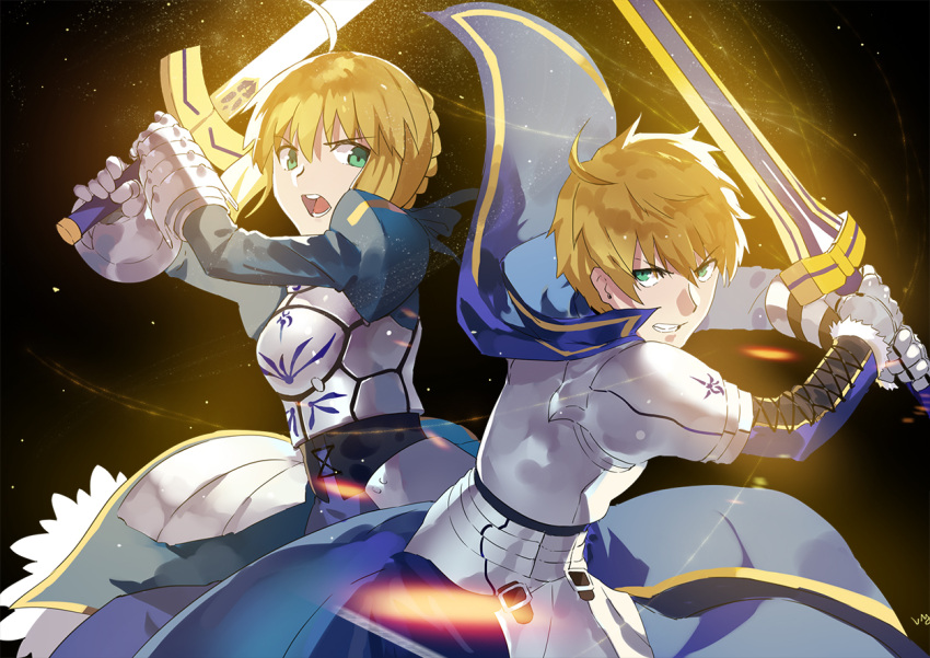 1boy 1girl ahoge armor armored_dress blonde_hair breasts dual_persona excalibur fate/prototype fate/stay_night fate_(series) gauntlets green_eyes hair_bun hair_ribbon long_hair looking_at_viewer nanaya_(daaijianglin) ribbon saber saber_(fate/prototype) short_hair sword weapon