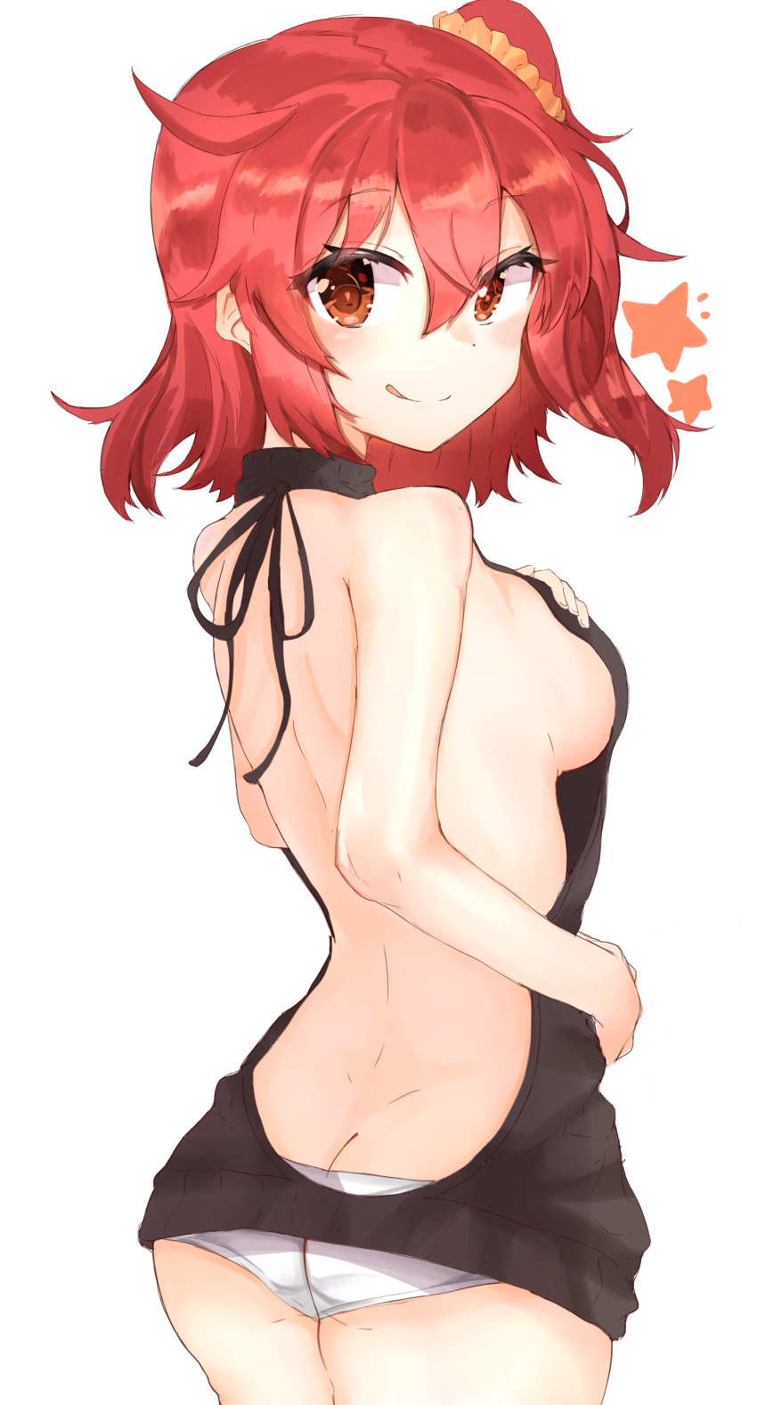 1girl :q absurdres ass backless_outfit bangs bare_back bare_shoulders black_sweater blush breasts brown_eyes butt_crack closed_mouth dimples_of_venus drawstring dress eyebrows_visible_through_hair fate/grand_order fate_(series) from_behind fujimaru_ritsuka_(female) hair_between_eyes hair_ornament hair_scrunchie halterneck hand_on_own_chest highres looking_at_viewer looking_back lowleg lowleg_panties medium_breasts meme_attire no_bra open-back_dress panties ranf redhead scrunchie short_hair side_ponytail sideboob simple_background smile solo star sweater sweater_dress tongue tongue_out turtleneck turtleneck_sweater underwear virgin_killer_sweater white_background white_panties