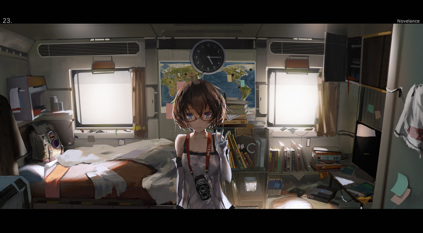 1girl arms_at_sides artist_name backpack bag bangs bed bedroom blanket blue_eyes book bookshelf brown_hair camera camisole clock elbow_gloves game_console glasses gloves hair_between_eyes hand_up highres indoors letterboxed looking_at_viewer map novelance original parted_lips playstation_4 semi-rimless_glasses short_hair solo spaghetti_strap under-rim_glasses w white_gloves window