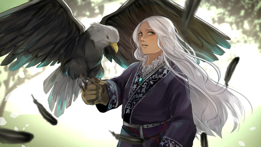 1girl bird eagle feathers gloves hayame_(m_ayame) highres jewelry long_hair necklace original solo white_hair yellow_eyes