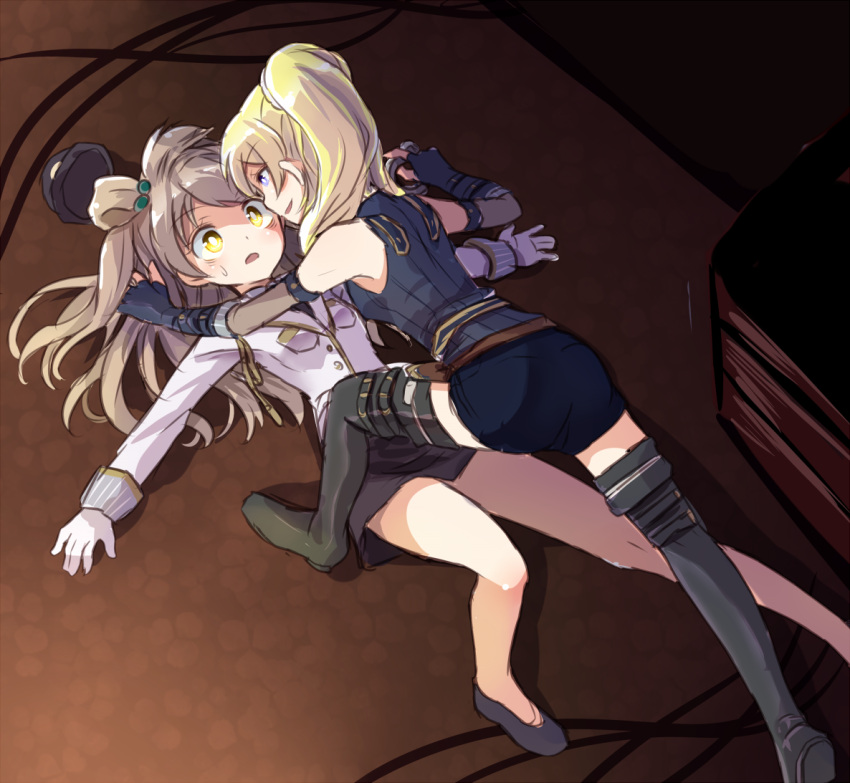 2girls ayase_eli blonde_hair blue_eyes brown_eyes brown_hair cat_burglar commentary_request hat long_hair love_live! love_live!_school_idol_festival love_live!_school_idol_project minami_kotori multiple_girls open_mouth phantom_thief_erichika police police_uniform policewoman ponytail shikei_(jigglypuff) skirt smile thigh-highs uniform you_gonna_get_raped yuri