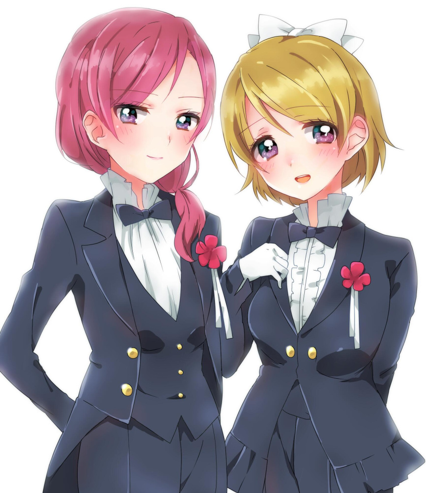 2girls blush boutonniere bow bowtie brown_hair center_frills crossdressinging flower formal gloves highres koizumi_hanayo lapel_pin love_live! love_live!_school_idol_project love_wing_bell merry_(168cm) multiple_girls nishikino_maki notched_lapels open_mouth redhead shawl_lapels short_hair simple_background smile suit tailcoat tuxedo violet_eyes waistcoat white_background