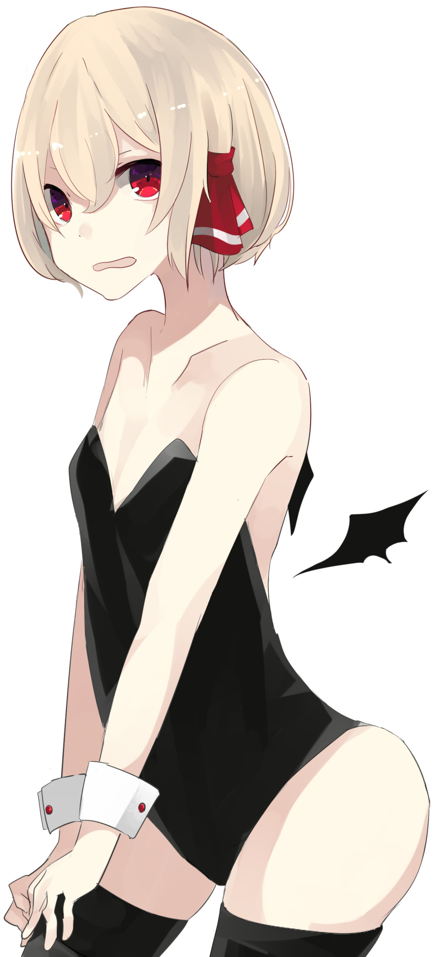 1girl absurdres bare_shoulders bat_wings black_legwear blonde_hair collarbone detached_wings hair_ribbon highres leotard looking_at_viewer ogami_ren open_mouth playboy_bunny_leotard red_eyes ribbon rumia short_hair simple_background solo thigh-highs touhou white_background wings wrist_cuffs