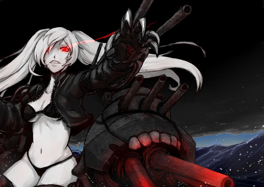 1girl bikini black_bikini black_cloud black_jacket claws glowing glowing_eyes glowing_lines hair_over_one_eye highres huntertakumi jacket kantai_collection leather leather_jacket mechanical_arms navel ocean open_clothes open_jacket outstretched_arm pale_skin red_eyes shinkaisei-kan sneer solo southern_ocean_oni swimsuit teeth thigh-highs turret twintails white_hair zipper