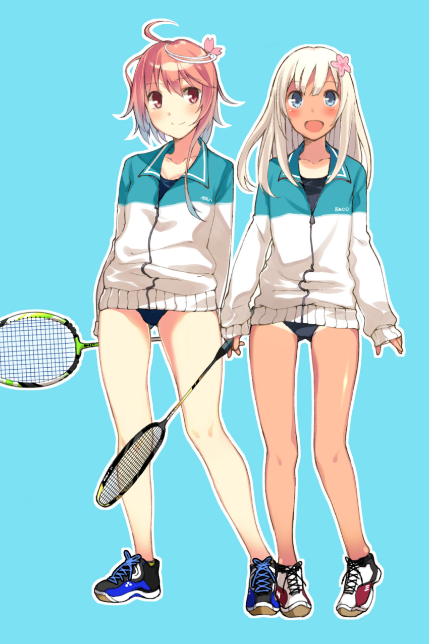 2girls :d ahoge aqua_background badminton_racket bare_legs blonde_hair blue_eyes blush flower hair_flower hair_ornament highres i-58_(kantai_collection) jacket kantai_collection long_hair looking_at_viewer multiple_girls open_mouth pink_eyes pink_hair racket ro-500_(kantai_collection) sahuyaiya school_swimsuit shoes short_hair simple_background smile sneakers swimsuit swimsuit_under_clothes tan tanline track_jacket