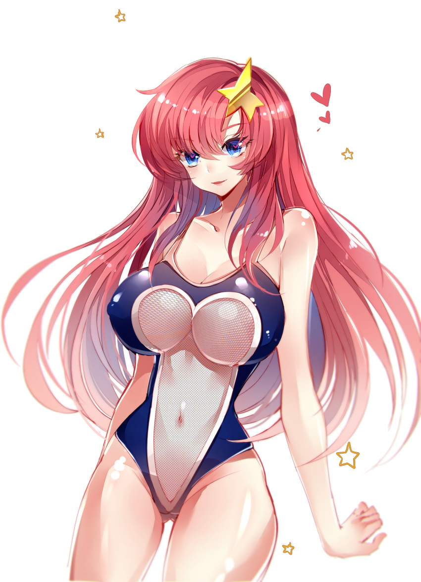 1girl absurdres baocaizi blue_eyes blush breasts center_opening cleavage erect_nipples gundam gundam_seed gundam_seed_destiny hair_ornament highres impossible_clothes impossible_swimsuit large_breasts long_hair looking_at_viewer meer_campbell navel one-piece_swimsuit pink_hair smile solo star star_hair_ornament swimsuit