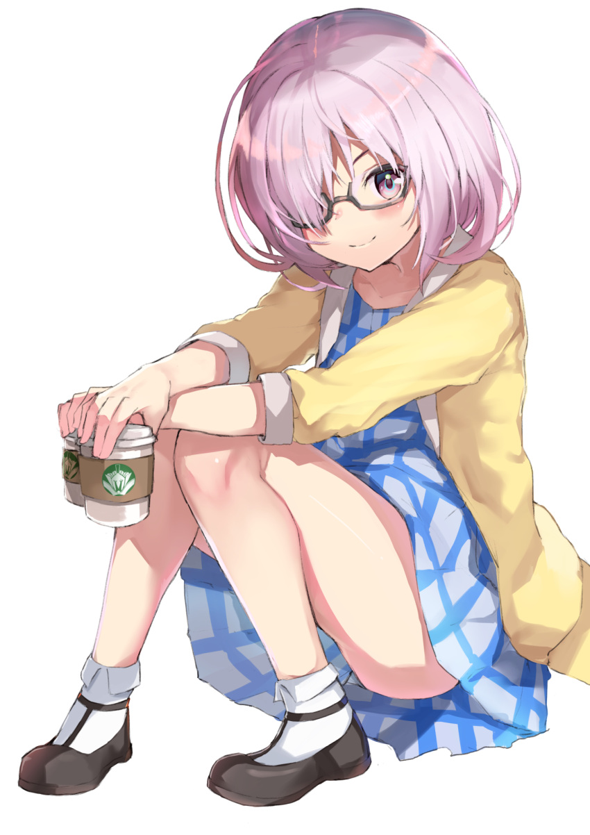 &gt;:) 1girl alternate_costume bangs blush brown-framed_eyewear brown_shoes cardigan casual closed_mouth coffee_cup cup fate/grand_order fate_(series) full_body glasses hair_over_one_eye highres holding holding_cup knees_together_feet_apart lavender_hair looking_at_viewer mugcup open_cardigan open_clothes purple_hair semi-rimless_glasses shielder_(fate/grand_order) shoes short_hair simple_background sitting sleeves_past_elbows smile socks solo thighs under-rim_glasses violet_eyes white_background white_legwear