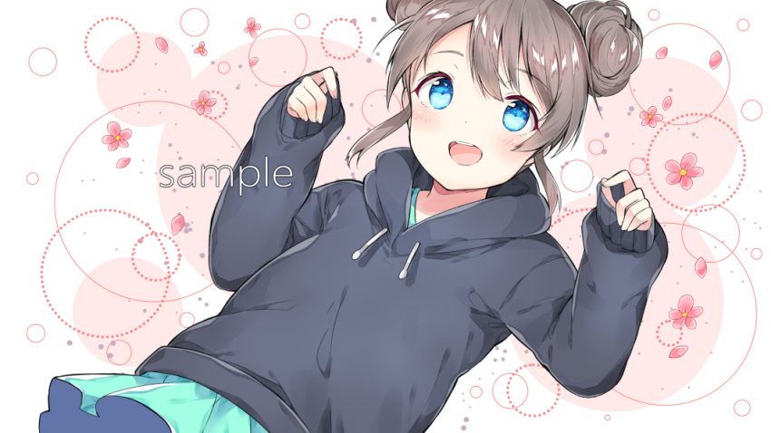 1girl bangs blue_eyes blush brown_hair chitetan double_bun eyebrows_visible_through_hair floral_background green_skirt hands_up hood hoodie looking_at_viewer miniskirt open_mouth original red_flower sample skirt sleeves_past_wrists smile solo teeth