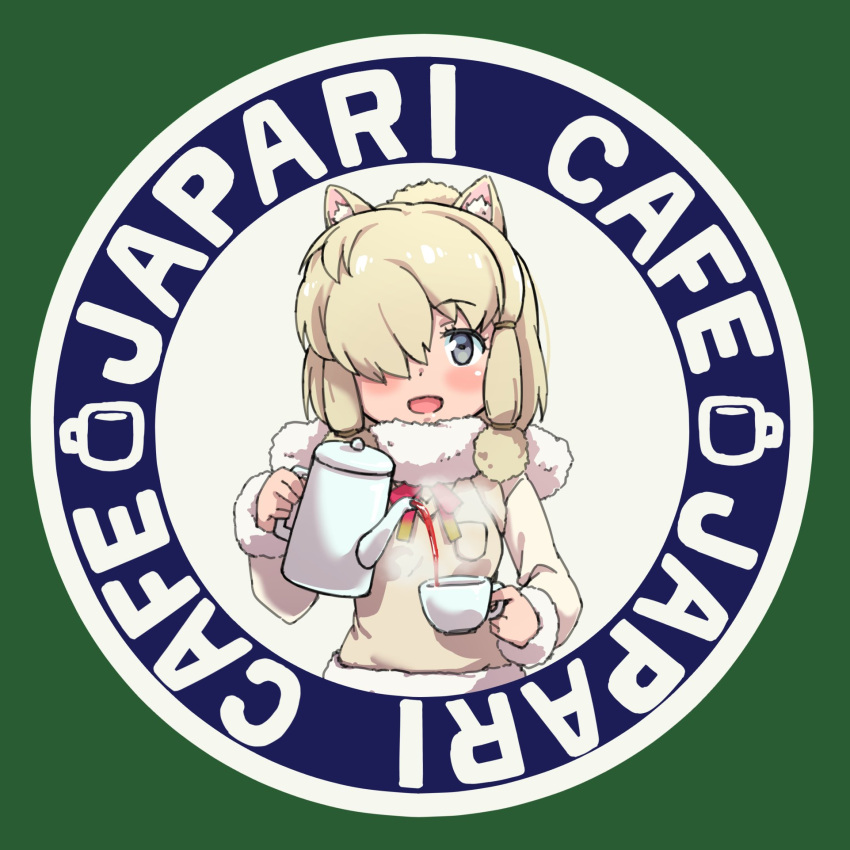 1girl alpaca_ears alpaca_suri animal_ears bangs beige_vest blonde_hair blue_eyes blush breast_pocket breasts cafe cup english eyebrows_visible_through_hair fur-trimmed_sleeves fur_collar fur_trim green_background hair_over_one_eye hair_ribbon highres holding holding_cup karahai_(31448823) kemono_friends long_sleeves looking_at_viewer neck_ribbon open_mouth pocket red_ribbon ribbon shirt short_hair sidelocks simple_background smile solo swept_bangs tea teacup teapot text tress_ribbon vest white_shirt