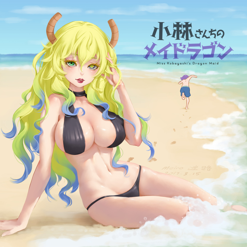 1boy 1girl 2017 absurdres arm_support artist_name bangs bare_shoulders barefoot beach bikini black_bikini black_choker blonde_hair blue_hair blue_shorts blue_sky breast_suppress breasts choker cleavage clouds cloudy_sky collarbone colored_eyelashes copyright_name dated day dragon_girl dragon_horns eyebrows_visible_through_hair eyelashes fingernails from_behind gradient gradient_eyes gradient_hair green_eyes green_hair groin hair_between_eyes hair_tousle halter_top halterneck hand_in_hair hand_up heterochromia highres horns kobayashi-san_chi_no_maidragon large_breasts leg_up long_hair looking_at_viewer magatsuchi_shouta meiro midriff multicolored multicolored_eyes multicolored_hair navel ocean one_leg_raised outdoors parted_lips quetzalcoatl_(maidragon) red_lips running sand shiny shiny_skin short_hair shorts sideboob sitting skindentation sky sling_bikini slit_pupils standing standing_on_one_leg stomach swimsuit violet_eyes water wavy_hair yellow_pupils yokozuwari