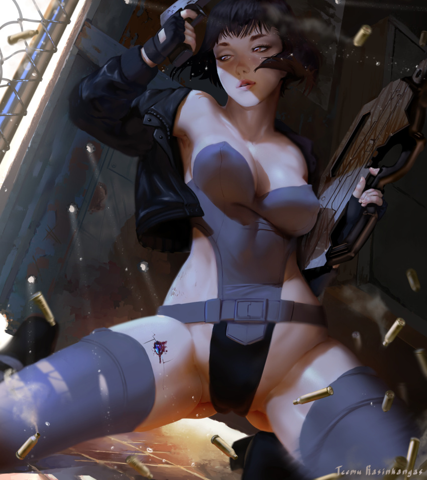 1girl armpits belt breasts bullet bullet_hole cleavage commentary cropped_jacket erect_nipples ghost_in_the_shell gun highleg highleg_leotard highres jacket kusanagi_motoko leotard short_hair solo teemu_rasinkangas thigh-highs weapon