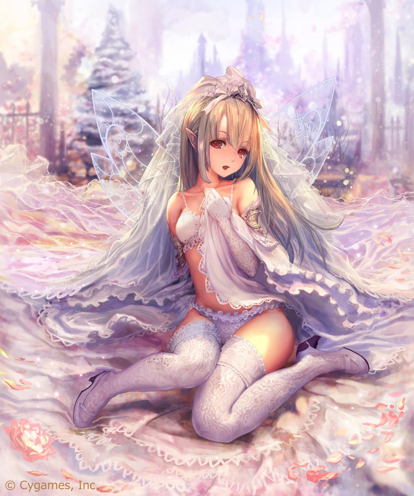 1girl aria_(shingeki_no_bahamut) bare_shoulders blonde_hair elbow_gloves gloves high_heels highres lace lace-trimmed_panties lace-trimmed_thighhighs lace_gloves lace_legwear long_hair looking_at_viewer panties petals pointy_ears red_eyes shingeki_no_bahamut sitting snowing solo tachikawa_mushimaro thigh-highs underwear veil wariza white_gloves wings