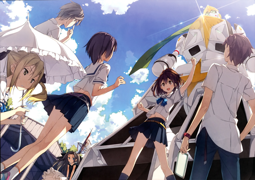 2boys 4girls :d absurdres airi_(robotics;notes) black_skirt blonde_hair blouse brown_hair daitoku_junna day dress dutch_angle from_behind grey_hair hidaka_subaru highres huge_filesize kantoku koujiro_frau lens_flare long_hair mecha midriff miniskirt multiple_boys multiple_girls open_mouth parasol pleated_skirt ponytail robotics;notes school_uniform senomiya_akiho serafuku short_hair skirt sky smile twintails umbrella white_blouse yashio_kaito