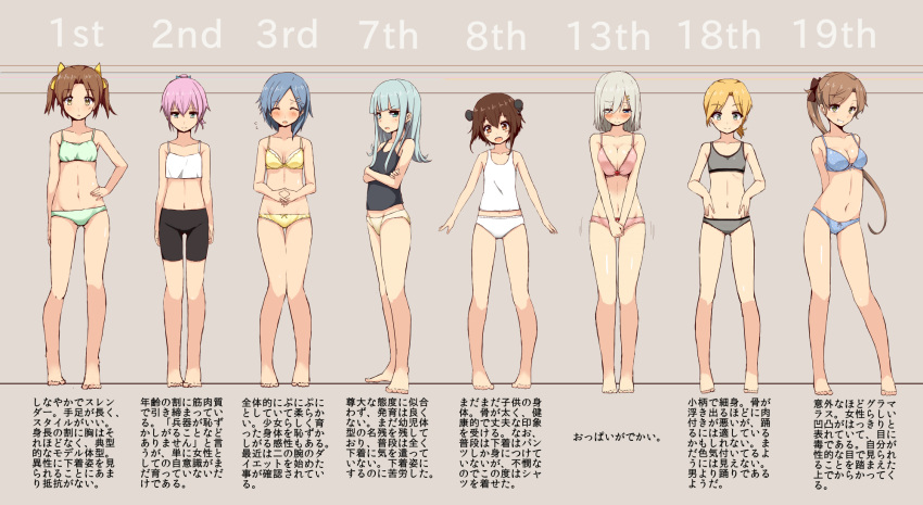 6+girls akigumo_(kantai_collection) arms_behind_back barefoot bike_shorts black_bra black_panties blonde_hair blue_bra blue_eyes blue_hair blue_panties blush bra breasts brown_hair bust_chart camisole cassandra_(seishun_katsu_sando) cleavage closed_eyes covering covering_crotch embarrassed flat_chest green_bra green_panties hair_ornament hairclip hamakaze_(kantai_collection) hand_on_hip hatsukaze_(kantai_collection) highres kagerou_(kantai_collection) kantai_collection kuroshio_(kantai_collection) large_breasts lineup long_hair looking_at_viewer maikaze_(kantai_collection) multiple_girls navel open_mouth panties pink_bra pink_hair ponytail shiranui_(kantai_collection) short_hair silver_hair small_breasts smile sports_bra tank_top translation_request twintails underwear underwear_only white_panties yellow_bra yellow_panties yukikaze_(kantai_collection)