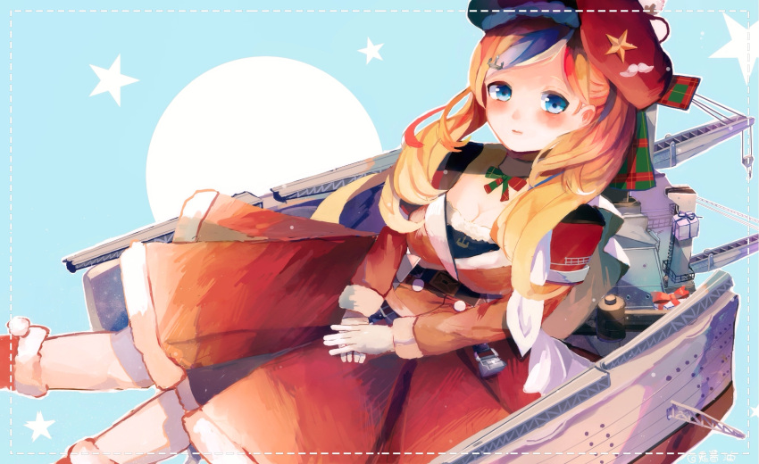 1girl beret blonde_hair blue_eyes blue_hair commandant_teste_(kantai_collection) dress hat highres kantai_collection long_hair machinery multicolored_hair red_dress red_hat redhead sitting solo streaked_hair syouyugoblin white_hair