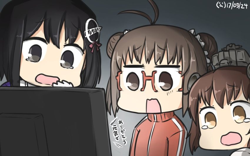 3girls antenna_hair black_hair brown_hair commentary dated double_bun glasses gloves haguro_(kantai_collection) hair_ornament hamu_koutarou highres kantai_collection multiple_girls naka_(kantai_collection) open_mouth short_hair tearing_up television track_suit white_gloves yukikaze_(kantai_collection)