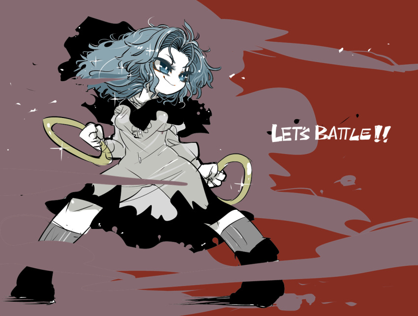 1girl black_boots blue_eyes boots colored_eyelashes fighting_stance grey_legwear hood hood_down hooded_dress kumoi_ichirin light_blue_hair long_hair long_sleeves looking_afar see-through_silhouette smile solo sparkle touhou wide_stance wind yt_(wai-tei)