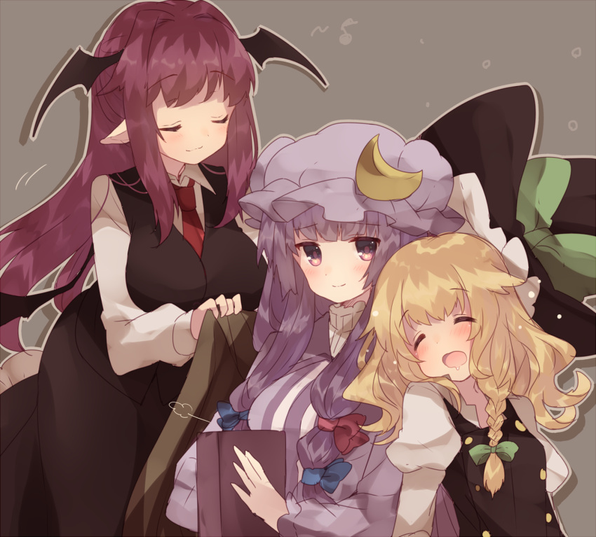 3girls :o bat_wings blanket blonde_hair blush book bow braid breasts closed_eyes covering_with_blanket crescent drooling grey_background hair_bow hair_ornament hat hat_removed head_wings headwear_removed highres kirisame_marisa koakuma large_breasts long_hair long_sleeves mob_cap multiple_girls musical_note necktie open_mouth patchouli_knowledge pointy_ears puffy_sleeves purple_hair quaver redhead shirt side_braid single_braid skirt skirt_set sleeveless smile touhou upper_body usamata vest violet_eyes wings