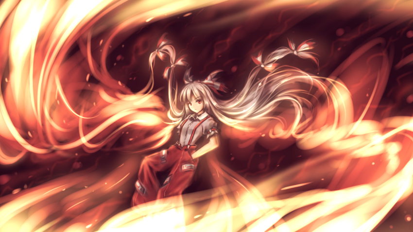 1girl bow fiery_wings fire floating_hair fujiwara_no_mokou hair_bow hair_ornament hair_ribbon hands_in_pockets juliet_sleeves long_hair long_sleeves looking_at_viewer minust ofuda_on_clothes pants puffy_sleeves red_eyes ribbon shirt short_sleeves silver_hair solo suspenders touhou very_long_hair