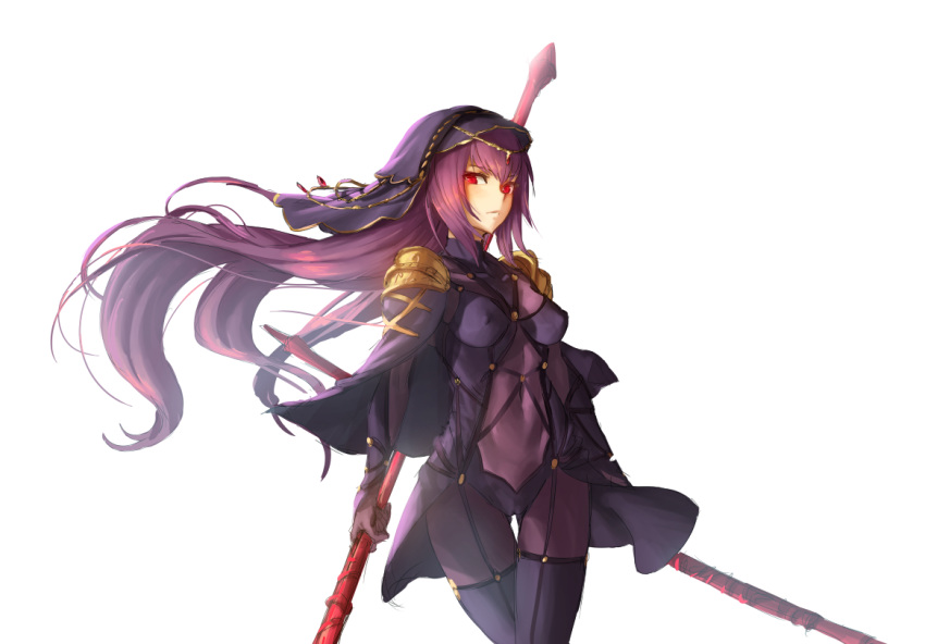 1girl armor athenawyrm bangs bodysuit breasts covered_navel dual_wielding fate/grand_order fate_(series) gae_bolg hair_between_eyes holding holding_weapon jewelry large_breasts long_hair looking_at_viewer pauldrons polearm purple_bodysuit purple_hair red_eyes scathach_(fate/grand_order) shoulder_armor smile solo weapon