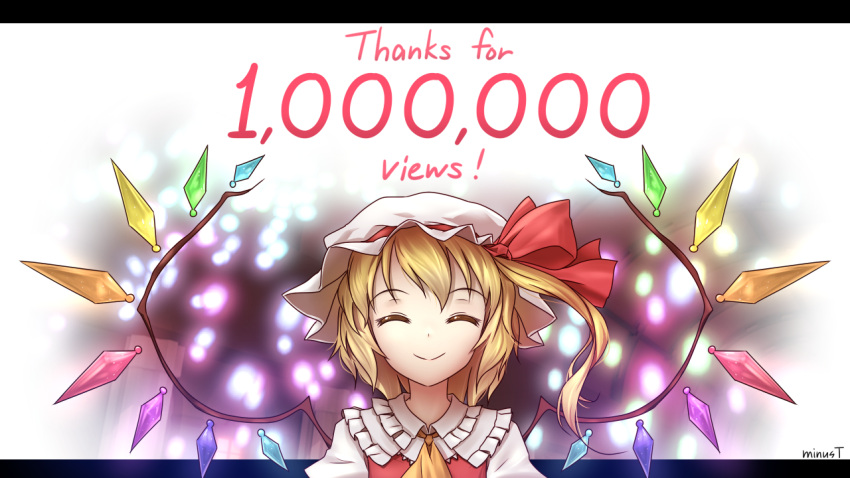 1girl ^_^ artist_name ascot blonde_hair border closed_eyes crystal english flandre_scarlet hat hat_ribbon looking_at_viewer minust mob_cap puffy_short_sleeves puffy_sleeves red_ribbon ribbon shirt short_hair short_sleeves side_ponytail smile solo text thank_you touhou upper_body vest wings