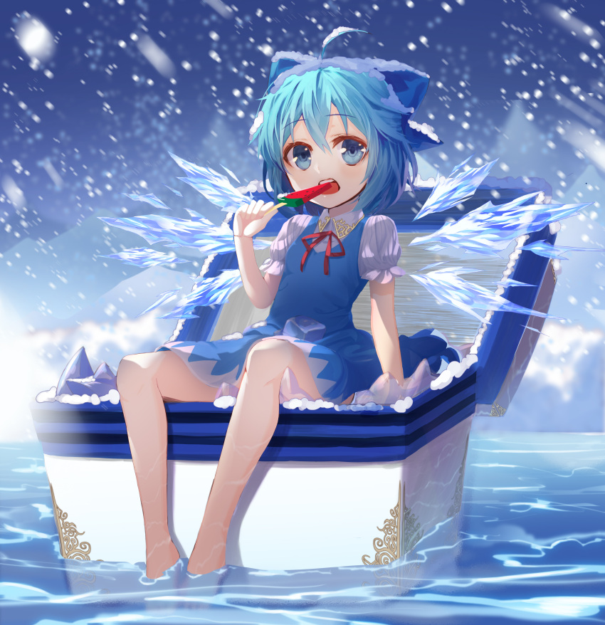 1girl absurdres bare_legs barefoot blue_dress blue_eyes blue_hair cirno commentary_request dress eating food highres ice ice_wings lo-ta popsicle puffy_short_sleeves puffy_sleeves revision short_dress short_sleeves sitting sleeveless sleeveless_dress snowing solo touhou watermelon_bar wings