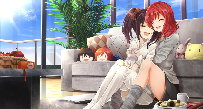 :d apple black_hair camera carpet closed_eyes cookie couch cup food fruit hair_ribbon highres hood hoodie hug hug_from_behind long_hair love_live! love_live!_school_idol_project mug nishikino_maki open_mouth orein pocky redhead ribbon short_hair sitting smile stuffed_animal stuffed_toy twintails veranda yazawa_nico yuri |_|