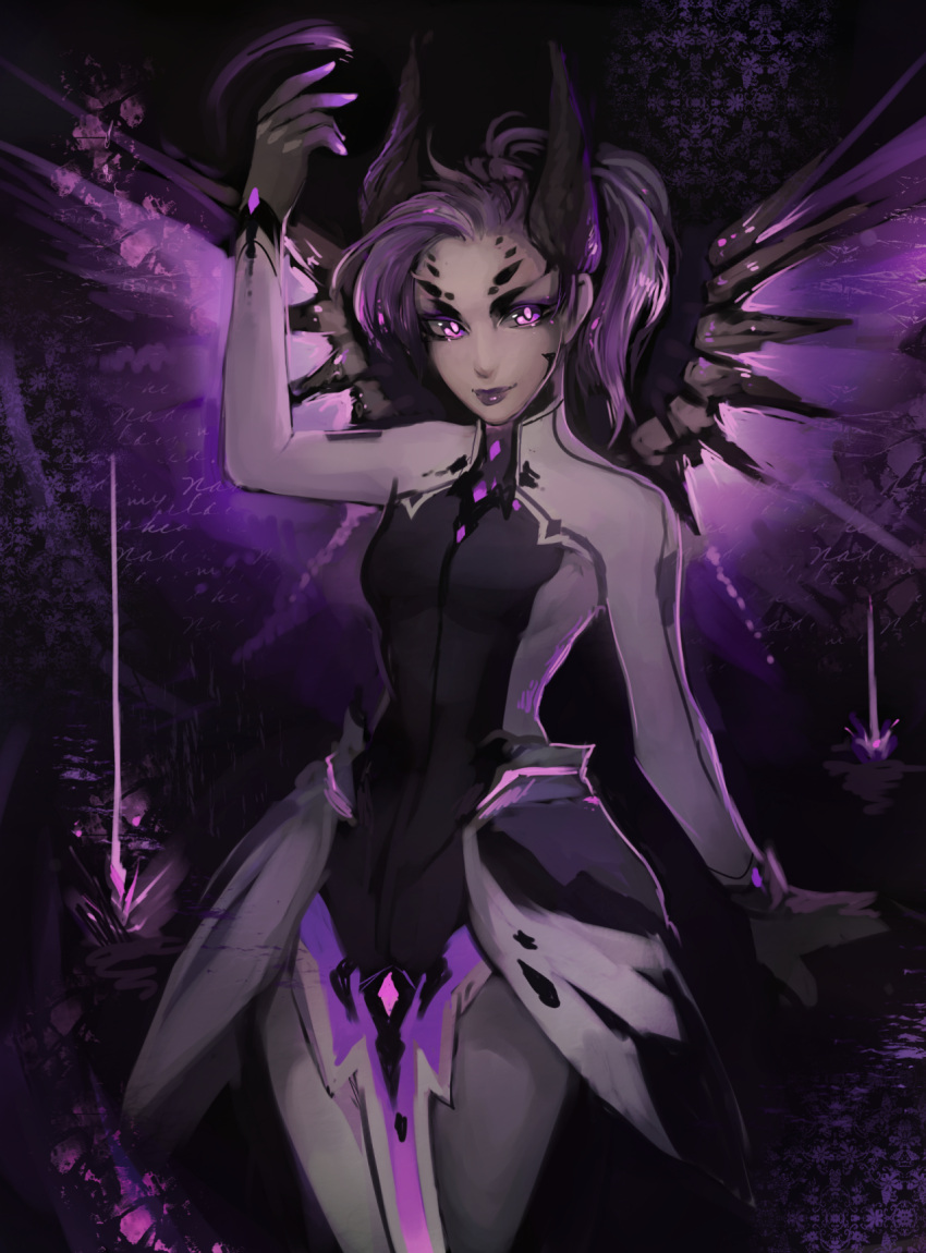 1girl abstract_background alternate_costume arm_up bodysuit breasts cowboy_shot dark_background dark_persona demon_horns facial_mark faulds forehead_mark glowing glowing_eyes glowing_wings hair_tie highres horns imp_mercy lipstick looking_at_viewer makeup matilda_vin md5_mismatch mechanical_wings mercy_(overwatch) overwatch pelvic_curtain ponytail purple_hair purple_lips purple_wings small_breasts solo violet_eyes wings