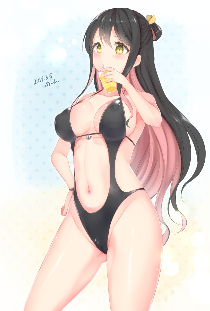 1girl 2017 alternate_costume black_hair black_swimsuit breasts casual_one-piece_swimsuit cowboy_shot dated drinking drinking_straw erect_nipples gluteal_fold hair_ribbon hand_on_hip highres kantai_collection large_breasts multicolored_hair naganami_(kantai_collection) navel_cutout one-piece_swimsuit open_mouth pink_hair ponytail ribbon sakiryo_kanna shiny shiny_clothes shiny_skin sideboob swimsuit thighs two-tone_hair wavy_hair yellow_eyes