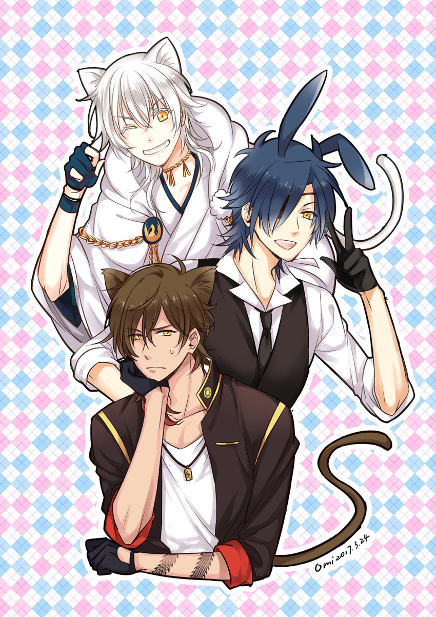 3boys animal_ears argyle argyle_background black_gloves black_hair brown_hair cat_ears cat_tail eyepatch gloves grin highres hood japanese_clothes kemonomimi_mode male_focus multiple_boys necktie omi_(0mim0) one_eye_closed ookurikara open_mouth partly_fingerless_gloves rabbit_ears shokudaikiri_mitsutada smile tail tattoo touken_ranbu tsurumaru_kuninaga waistcoat white_hair yellow_eyes