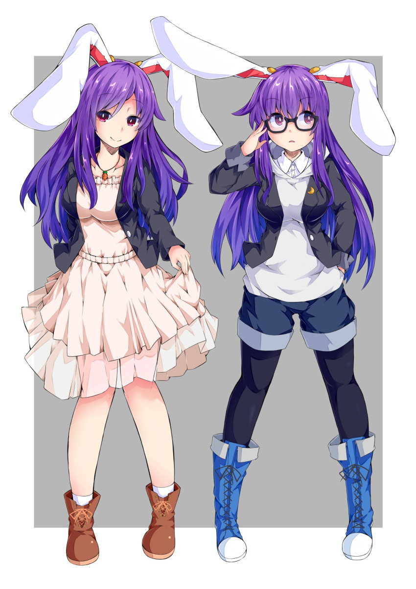 2girls alternate_costume animal_ears bespectacled black-framed_eyewear black_legwear blue_boots boots brown_boots carrot carrot_necklace contemporary cosplay cross-laced_footwear dress dual_persona full_body glasses grey_background highres hood hoodie inaba_tewi inaba_tewi_(cosplay) ishimu jacket jewelry lace-up_boots long_hair long_sleeves looking_at_viewer looking_to_the_side multiple_girls necklace pantyhose purple_hair rabbit_ears red_eyes reisen_udongein_inaba see-through shorts simple_background touhou